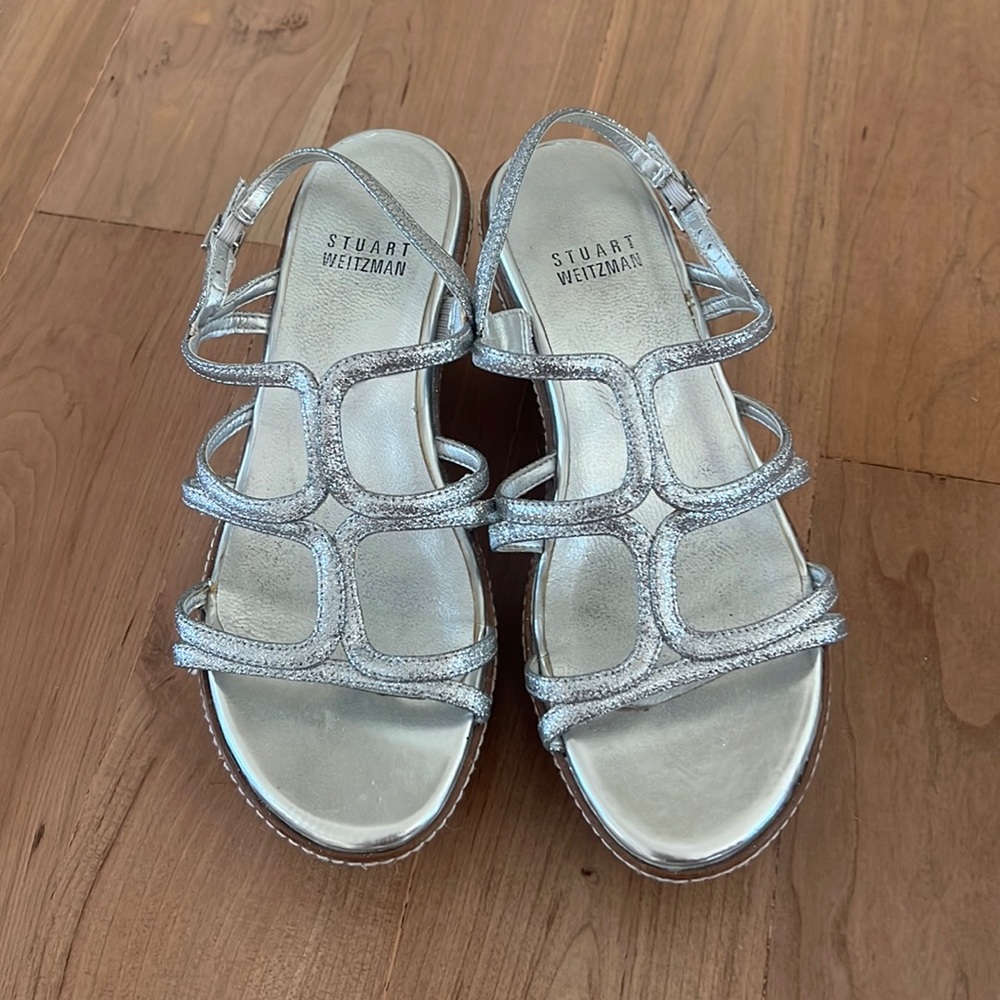 Stuart Weitzman Sandals silver glitter Flatform Strappy Sz 5M, Made in Spain